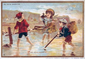 Pocztówka w stylu vintage przedstawiająca dzieci na plaży autorstwa French School