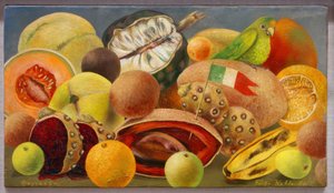 Martwa natura z papugą i flagą autorstwa Frida Kahlo