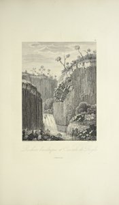 Basalt Rocks and the Cascade de Regla, rysowany przez Gmelina, grawerowany przez Bouquet, ilustracja z „Widoki na Kordyliery i pomniki rdzennych ludów Ameryki” autorstwa Alexandra von Humboldta i Aime Bonplanda