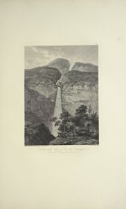 Wodospady Rio de Vinagre, w pobliżu wulkanu Purace, rysowany przez Kocha, grawerowany przez Arnolda, ilustracja z „Widoki na Kordyliery i pomniki ludów tubylczych Ameryki” autorstwa Alexandra von Humboldta i Aime Bonplanda
