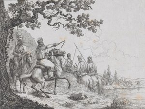 Kozacy jadący brzegiem rzeki, 1814 r. autorstwa Friedrich August de La Belle