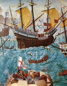 Zaokrętowanie Henryka VIII 1491-1547 na pokład statku Henry Grace a Dieu w 1520, skopiowane z obrazu Vincenta Volpi olej na płótnie z 148771