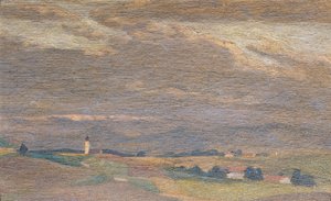 Wieczorny krajobraz z wieżą kościelną autorstwa Friedrich Hasslwander