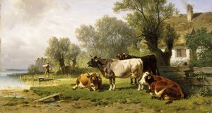Bydło na farmie wzdłuż rzeki, a za nim rybak, 1881 r.
