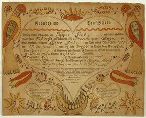 Świadectwo urodzenia i chrztu, ok. godz. 1790-1800 (tusz, akwarela i grawer na papierze czerpanym) autorstwa Friedrich Krebs