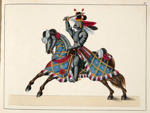 Rycerz na turnieju, ilustracja z "Historii rozwoju i zwyczajów rycerskich", autorstwa dr Franza Kottenkampa, wydanej przez Carla Hoffmanna, 1842 r.