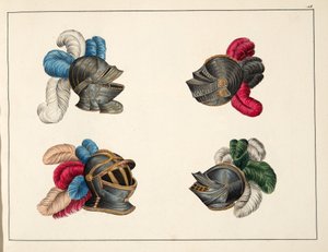 Hełmy, tablica z „Historii rozwoju i obyczajów rycerskich” dr. Franza Kottenkampa, wydanej przez Carla Hoffmanna, 1842 autorstwa Friedrich Martin von Reibisch