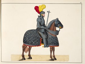 Rycerz w zbroi na koniu, tablica z „Historii rozwoju i obyczajów rycerskich” dr. Franza Kottenkampa, wyd. Carl Hoffmann, 1842