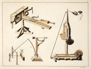 Broń proca, tabliczka z „Historii rozwoju i obyczajów rycerskich” dr. Franza Kottenkampa, wydanej przez Carla Hoffmanna, 1842