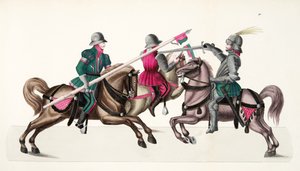 Trzech rycerzy na turnieju, tablica z „Historii rozwoju i obyczajów rycerskich” dr. Franza Kottenkampa, wyd. Carl Hoffmann, 1842 autorstwa Friedrich Martin von Reibisch