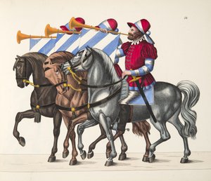 Trzech muzyków na turnieju, tablica z Historii rozwoju i obyczajów rycerskich dr. Franza Kottenkampa, wydanej przez Carla Hoffmanna, 1842 autorstwa Friedrich Martin von Reibisch