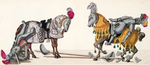 Dwóch rannych rycerzy na turnieju, tablica z „Historii rozwoju i obyczajów rycerskich” dr. Franza Kottenkampa, wydana przez Carla Hoffmanna, 1842 autorstwa Friedrich Martin von Reibisch