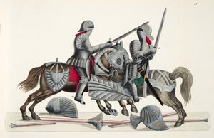 Dwóch rycerzy na turnieju, tablica z „Historii rozwoju i obyczajów rycerskich” dr. Franza Kottenkampa, wyd. Carl Hoffmann, 1842