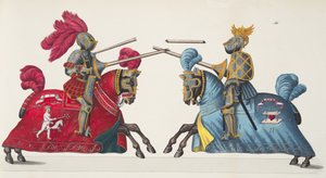 Dwóch rycerzy na turnieju, tablica z „Historii rozwoju i obyczajów rycerskich” dr. Franza Kottenkampa, wyd. Carl Hoffmann, 1842