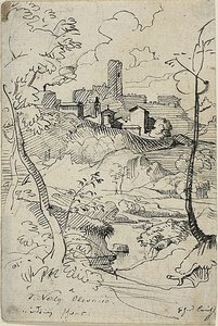 Włoskie miasto z rzeką (recto); Widok miasta (verso) autorstwa Friedrich Nerly
