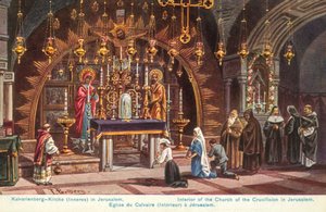 Ołtarz Ukrzyżowania, Bazylika Grobu Pańskiego, Jerozolima (kolorowa litografia) autorstwa Friedrich Perlberg