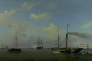 Duńska eskadra na kotwicy pod Warnemünde rhed. Ich Królewskie Wysokości Książę Koronny i Księżniczka Koronna przybywają parowcem „Kiel” do eskadry, a okręt wojenny „Christian ósmy” zaczyna salutować autorstwa Friedrich Theodore Kloss