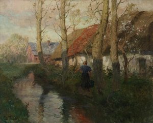 Rzeka w Normandii z kobietą niosącą wodę autorstwa Frits Thaulow