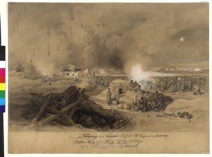 Oblężenie Komornu przez wojska k. k. w kwietniu 1849 r. (akwarela na papierze) autorstwa Fritz L