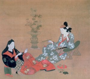 „Curtesan zabawia aktora”, c1695 autorstwa Furuyama Moroshige