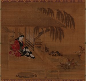 Ogród, wnętrze i siedząca dziewczyna, okres Edo, 1615-1868. autorstwa Furuyama Moroshige