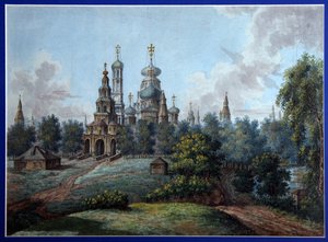 Klasztor Nowa Jerozolima. Rosyjskiej architektury prawosławnej, w Istra koło Moskwy. Praca Fiodora Jakowlewicza Aleksiejewa (1753-1824), akwarela i tusz na papierze, ok. 1800 r. Sztuka rosyjska, początek XIX w., klasycyzm. st autorstwa Fyodor Alexeyev