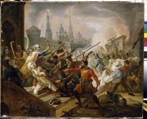 Rosyjska Wojna Chłopska 1773-1775 (Jackson z Jaickich Kozaków): bitwa pod Kazaniem w lipcu 1774, scena buntu Emeliana Iwanowicza Pugaczowa (Iemeliana lub Emiliena Pugaczowa) (1742-1775). (Bitwa Pugaczowa pod Kazaniem w lipcu 1774 r. autorstwa Fyodor Antonovich Molier