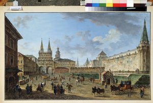 Moskwa, Widok na Bramę Zmartwychwstania na Placu Czerwonym. Obraz Fiodora Jakowlewicza Aleksiejewa (1753-1824). Akwarela i gwasz na papierze, 58,2 x 91,2 cm, ok. 1801 r. Sztuka rosyjska, klasycyzm. Muzeum