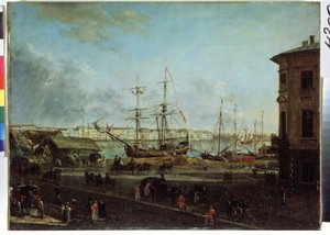 Widok na nabrzeże angielskie z wyspy Wasiliewskiego, Sankt Petersburg (Widok na nabrzeże angielskie od wyspy Wasiliewskiej). Obraz Fiodora Jakowlewicza Aleksiejewa (1753-1824). Olej na płótnie, 53 x 72,5 cm