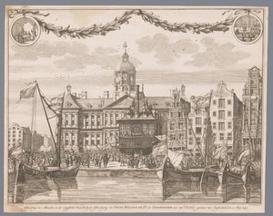 Tłum na placu Dam w Amsterdamie świętuje proklamację Willema IV jako stadtholder Wizerunek ludu i chorągwi wystrzelonych po proklamacji księcia Wilhelma IV namiestnikiem Holandii, dokonanej do Amsterdamu 2 maja 1747 r. (tytuł na autorstwa G.J. Marstaller