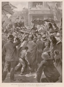 Królowa Wiktoria i biedni: Królowa odwiedzająca East End w Londynie, 2 kwietnia 1873 (fotograwiura) autorstwa G.S. (after) Amato