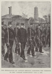 Degradacja kapitana Dreyfusa, maszerującego więźnia na paradę egzekucji, 5 stycznia 1895 autorstwa G.S. Amato