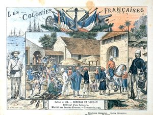 Okładka podręcznika szkolnego przedstawiająca sceny we francuskich koloniach Senegalu i Sudanu, koniec XIX wieku (kolor lito) autorstwa G. (after) Dascher