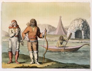 Eskimosi w Zatoce Hudsona, z „Le Costume Ancien et Moderne”, tom I, płyta 23, Jules Ferrario, sztychowane przez Angelo Biasioli (1790-1830), wydane ok. 1820-30 (kolorowe grawerowanie)