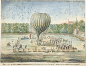 Wystrzelenie balonu Blancharda w Hadze w 1785 r autorstwa G. Carbentus (signed by artist)