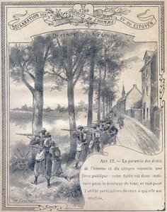 1789: Deklaracja praw człowieka i obywatela: Obrona ojczyzny. Grawer w „Wyjątkowej księdze etyki i wychowania obywatelskiego, przeznaczonej dla uczniów trzech klas Szkoły Podstawowej oraz klas podstawowych Liceów i Uczelni, D autorstwa G. Dascher