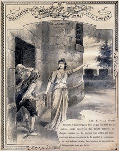 1789: Deklaracja praw człowieka i obywatela: Wolność. Grawer „Jedna księga moralności i wychowania obywatelskiego, przeznaczona dla uczniów trzech klas Szkoły Podstawowej oraz klas podstawowych Liceów i Kolegiów II Pa
