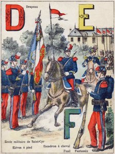 Litery D E F: Flaga, Szkoła Wojskowa Saint-Cyr (Saint Cyr), Elele pieszo, Eskadra Konna, Karabin i Fantazja, ok. 1900 (litografia)