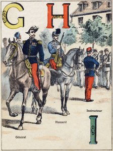 Litery G H I: Generał, Hussard i Instruktor. Grawer w "Alfabet militaire" z serii Grand-Bebe. Rytownictwo. Obrazowanie Pont-a-Mousson. Louis Vagne, drukarz-wydawca, ok. 1900. Ilustracje G. Dascher. 20 stron. Wymiary: 31,5x24,5cm