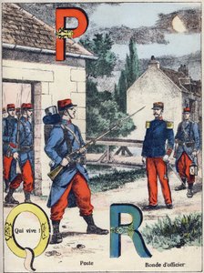 Litery P Q i R: Post, Qui vive! i Runda Oficerska. Rycina w "Alphabet militaire", seria Grand-Bebe. Grawerowanie. Obrazowanie Pont-a-Mousson. Louis Vagne, drukarz-wydawca, około 1900. Ilustracje G. Dascher. 20 stron. Wymiary: 31,5x24,5cm.