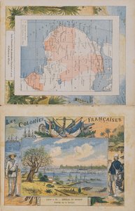 Mapa posiadłości francuskich i stref wpływów w Afryce oraz widok rzeki Senegal, okładka zeszytu szkolnego, koniec XIX w. (kolorowe grawerowanie)