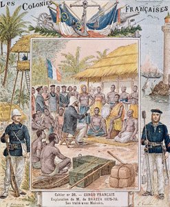 Eksploracja pana de Brazza (1875-79) Jego traktat z Makoko, ilustracja z „Les Colonies Francaises”