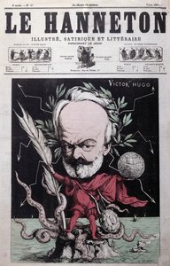 Karykatura Victora Hugo (1802-85) jako Zeusa na wygnaniu na Guernsey z pierwszej strony okładki "Le Hanneton", czerwiec 1867 r. autorstwa G. Deloyoti
