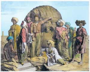 Archeolog Bernardino Drovetti mierzący kolosalną głowę na egipskiej pustyni, 1819 autorstwa G Engelmann