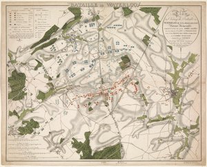 Kaart van de Slag bij Waterloo, 1815 Bitwa pod Waterloo / Plan bitwy pod Waterloo o nazwie Belle-Alliance. Pamiętne zwycięstwo odniesione 18 czerwca 1815 r. przez wojska alianckie (...) (tytuł na obiekcie) autorstwa G. Jacowick