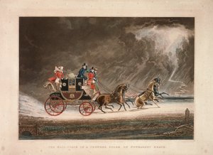 Wagon pocztowy podczas burzy na Newmarket Heath, Suffolk, 1827. autorstwa G Reeves