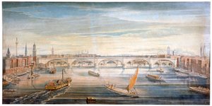 Widok na nowy London Bridge od zachodu, z łodziami i barkami na Tamizie, 1831.