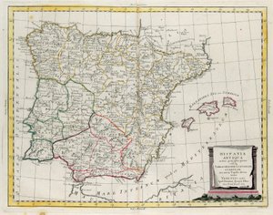 Starożytna Hiszpania podzielona na trzy odrębne obszary, a mianowicie Terraconensis, Lusitania i Baetica, a także podzielona na ludy, rycina G. Zulianiego zaczerpnięta z Tomu I „Najnowszego Atlasu” opublikowanego w Wenecji w 1785 r. przez Antonio Zattę, Ko