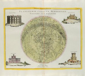 Płyta kosmograficzna Południowej Planisfery Niebiańskiej wyciętej na równiku, rycina G. Zulianiego zaczerpnięta z Tomu I najnowszego Atlasu opublikowanego w Wenecji w 1777 roku przez Antonio Zattę autorstwa G. Zuliani