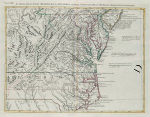 Maryland, południowe New Jersey, Delaware i wschodnia część Wirginii i Północnej Karoliny, rycina G. Zulianiego zaczerpnięta z Księgi I „Najnowszego Atlasu” opublikowanego w Wenecji w 1778 r. przez Antonio Zattę, Kolekcja prywatna autorstwa G. Zuliani